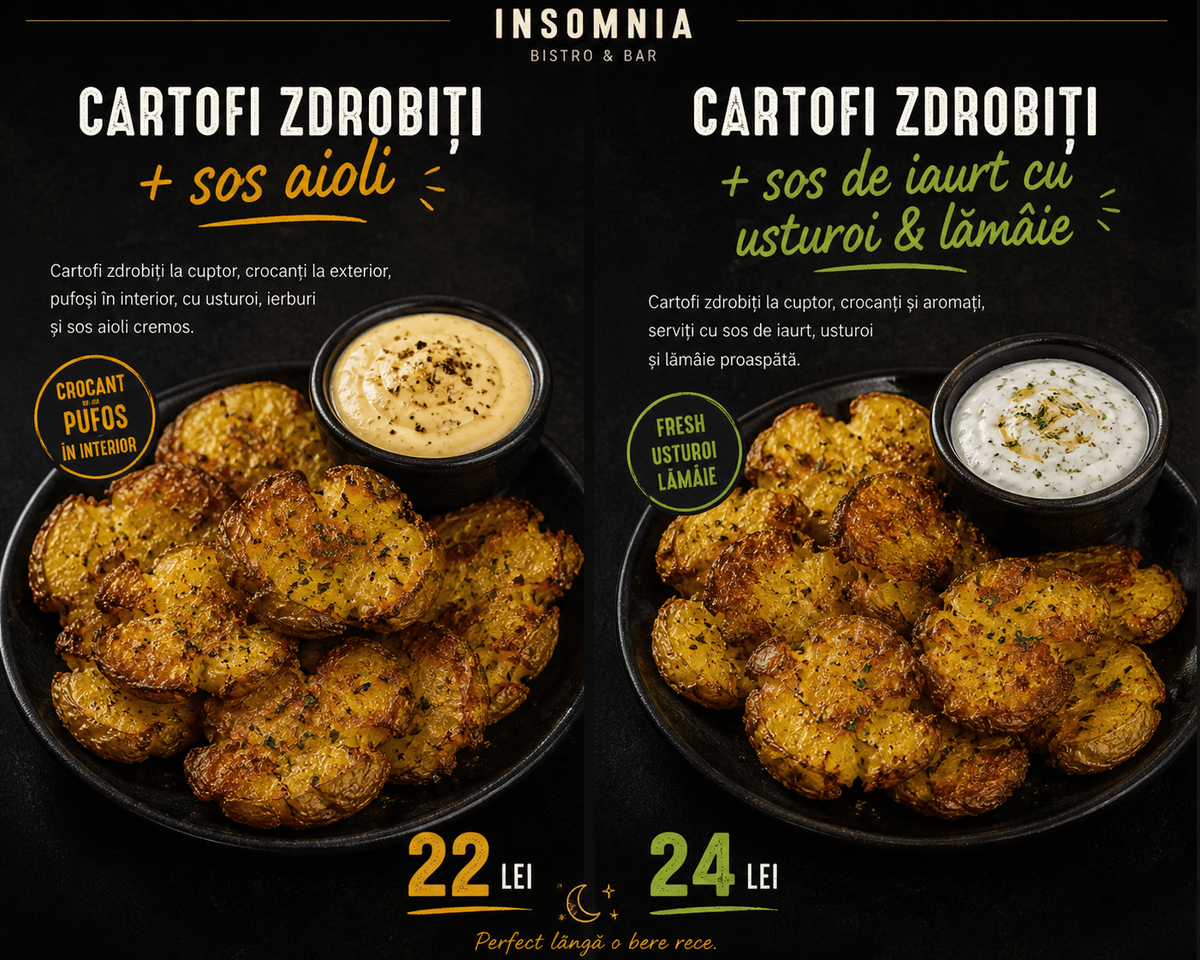 Cartofi Zdrobiți + Sos Usturoi Sau + Sos de brânză cu rozmaring
